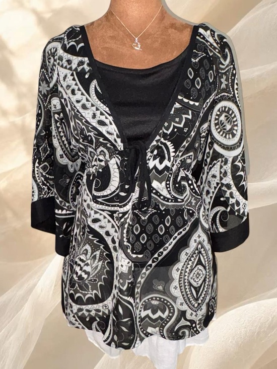 New York & Company Tops - NY&Co Black White Paisley Tie Front Tunic Blouse L